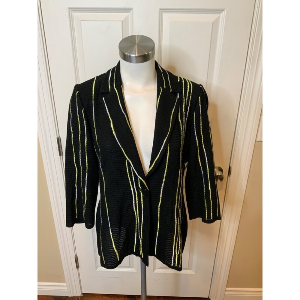 Ming Wang Black Knit Cardigan Jacket Green & White Embroidery, Size M